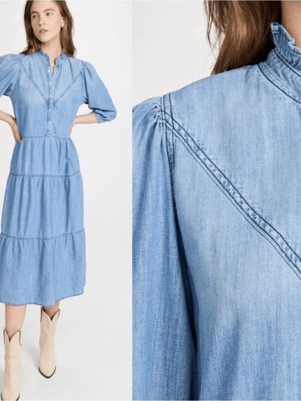 ba&sh Light Blue Denim Tiered Midi Dress
